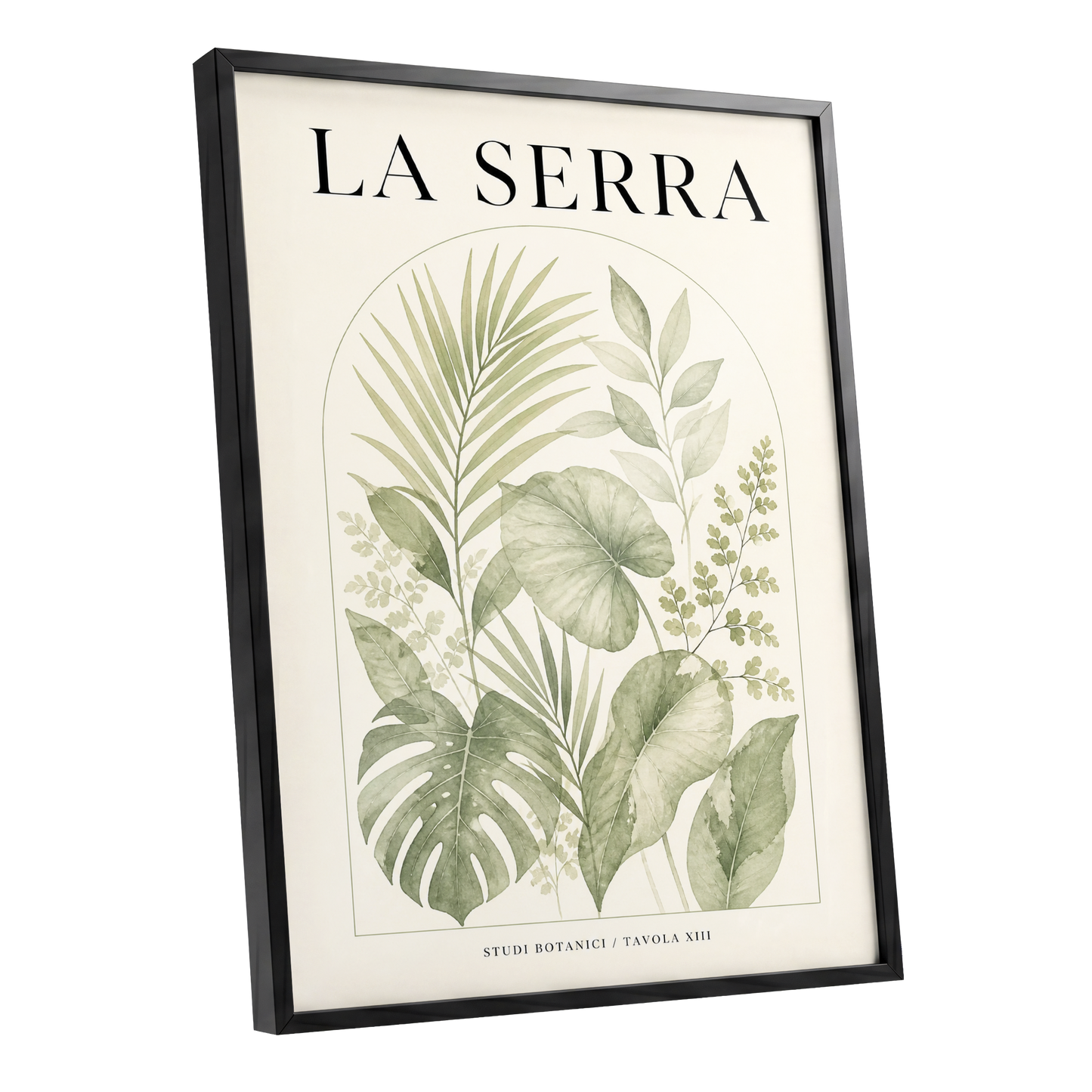 La Serra Canopy, green, beige, black nature wall art shown as a black framed poster wall art print