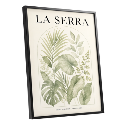 La Serra Canopy, green, beige, black nature wall art shown as a black framed poster wall art print
