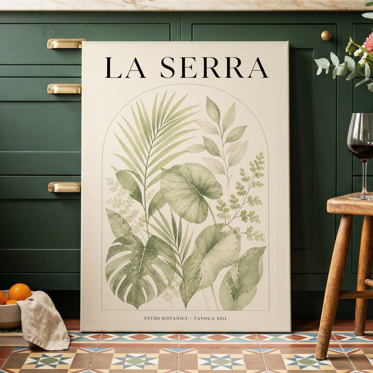La Serra Canopy, green, beige, black nature wall art on canvas displayed in a styled interior, gallery view 1
