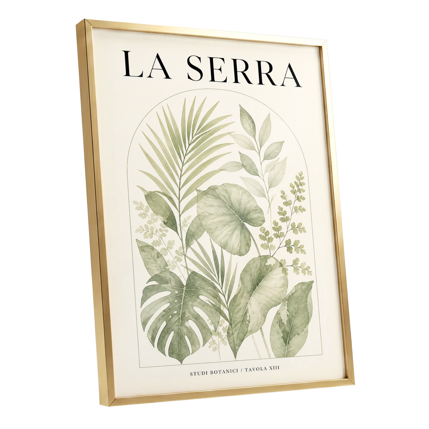 La Serra Canopy, green, beige, black nature wall art shown as a gold framed poster wall art print