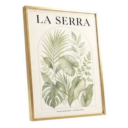 La Serra Canopy, green, beige, black nature wall art shown as a gold framed poster wall art print