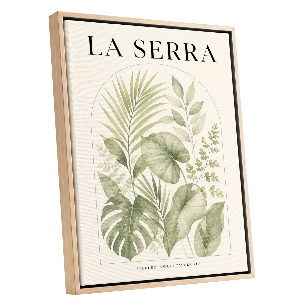 La Serra Canopy, green, beige, black nature wall art shown as a oak framed canvas wall art