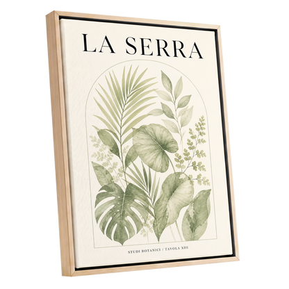 La Serra Canopy, green, beige, black nature wall art shown as a oak framed canvas wall art