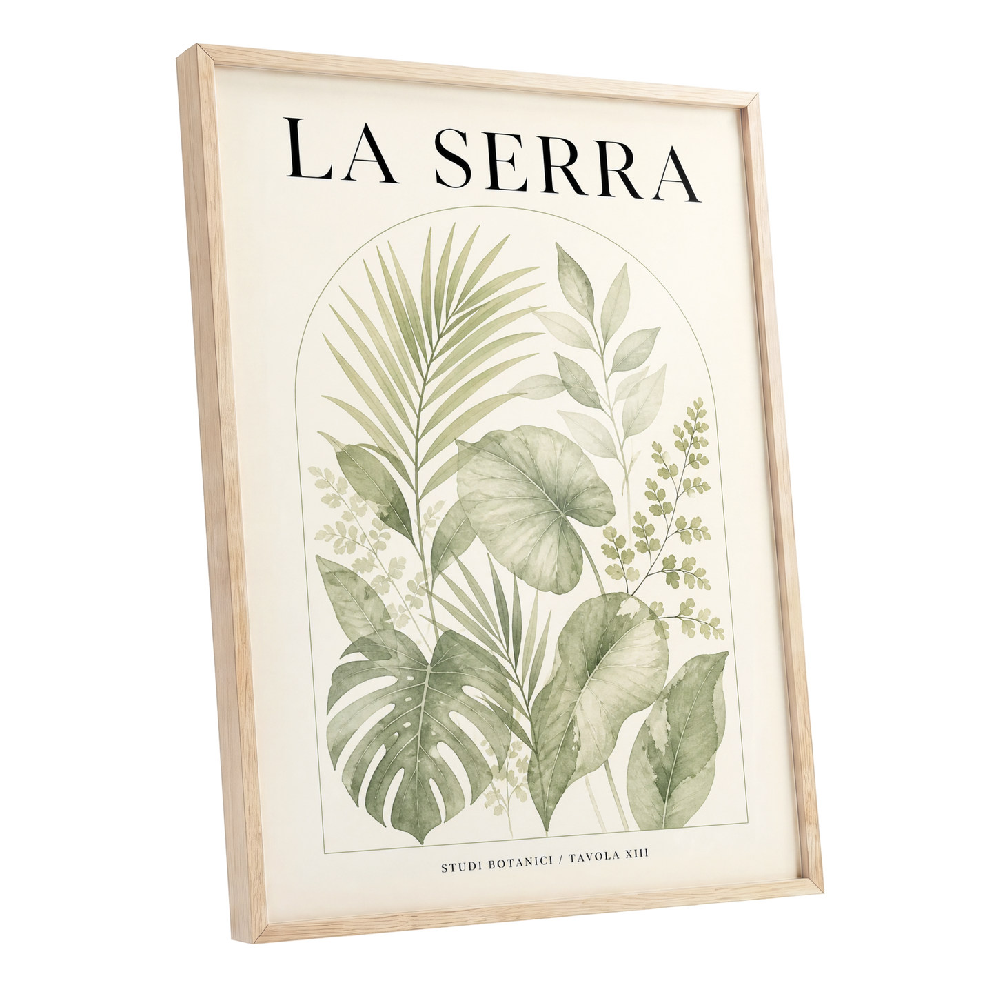 La Serra Canopy, green, beige, black nature wall art shown as a oak framed poster wall art print
