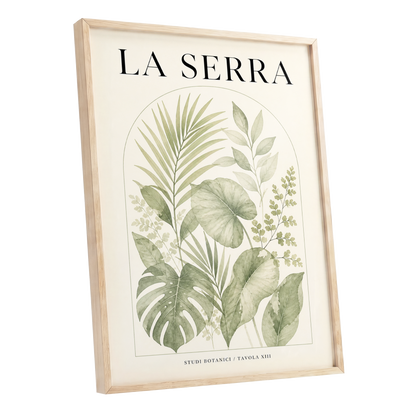 La Serra Canopy, green, beige, black nature wall art shown as a oak framed poster wall art print