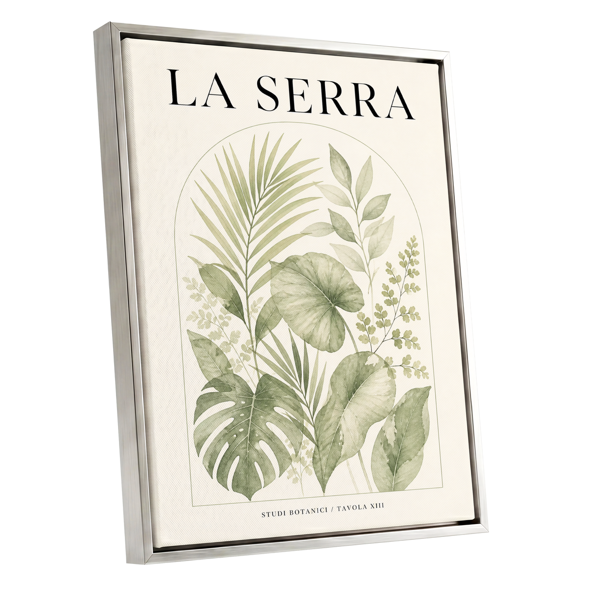 La Serra Canopy, green, beige, black nature wall art shown as a silver framed canvas wall art