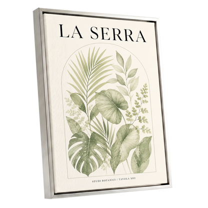 La Serra Canopy, green, beige, black nature wall art shown as a silver framed canvas wall art