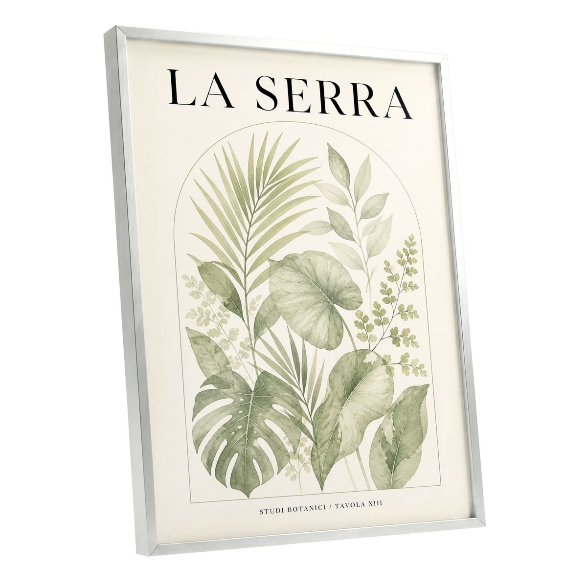 La Serra Canopy, green, beige, black nature wall art shown as a silver framed poster wall art print
