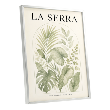 La Serra Canopy, green, beige, black nature wall art shown as a silver framed poster wall art print