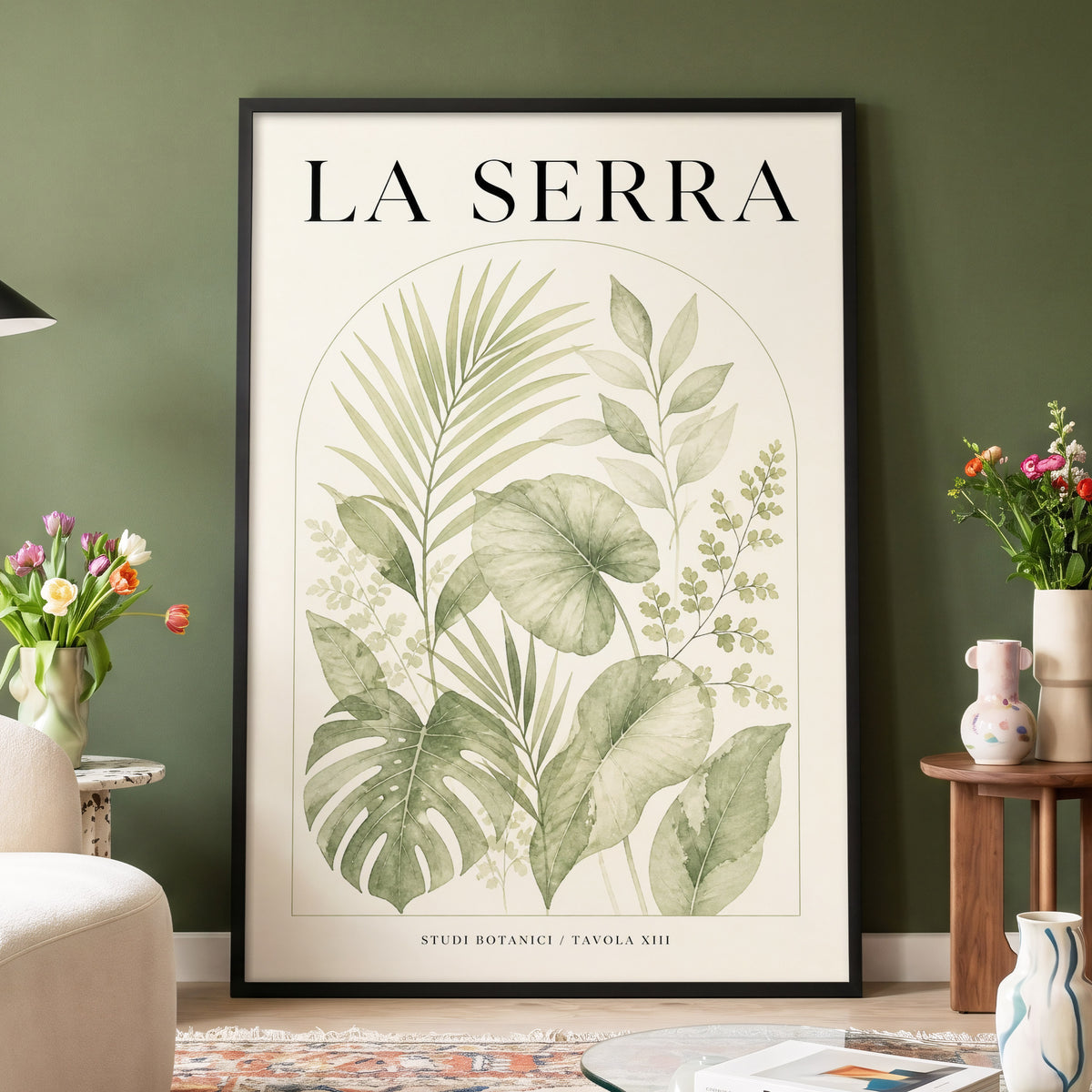La Serra Canopy, green, beige, black nature wall art displayed in a styled interior, gallery view 4