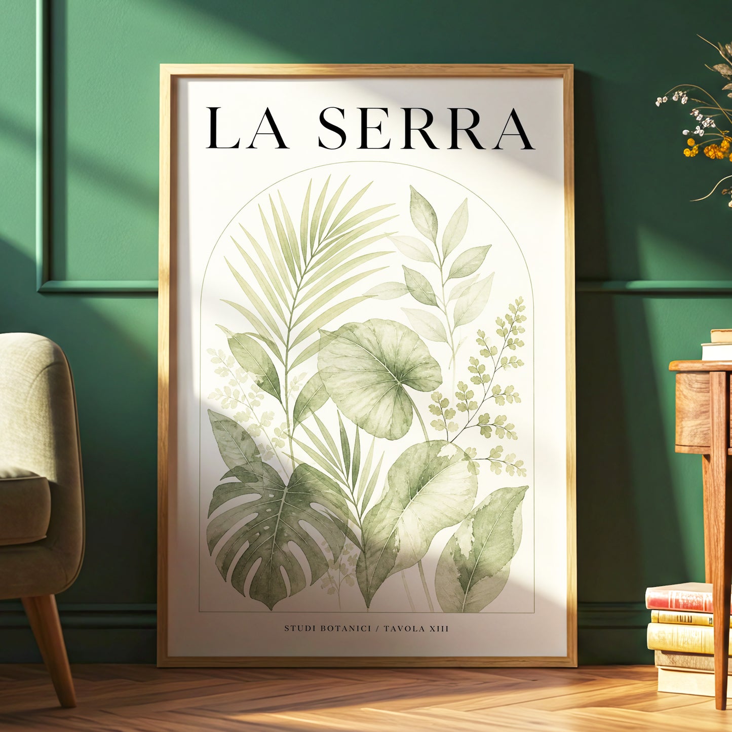 La Serra Canopy, green, beige, black nature wall art displayed in a styled interior, gallery view 6