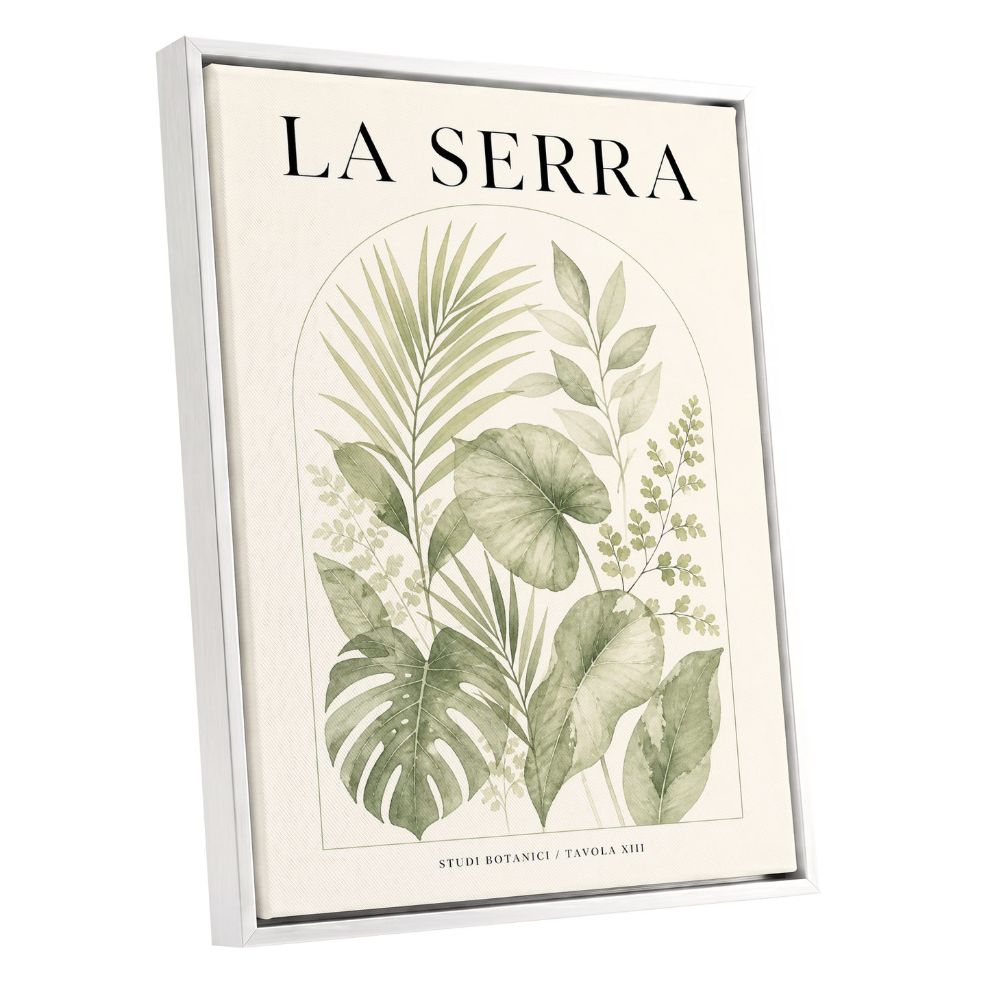 La Serra Canopy, green, beige, black nature wall art shown as a white framed canvas wall art