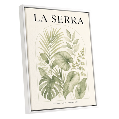 La Serra Canopy, green, beige, black nature wall art shown as a white framed canvas wall art