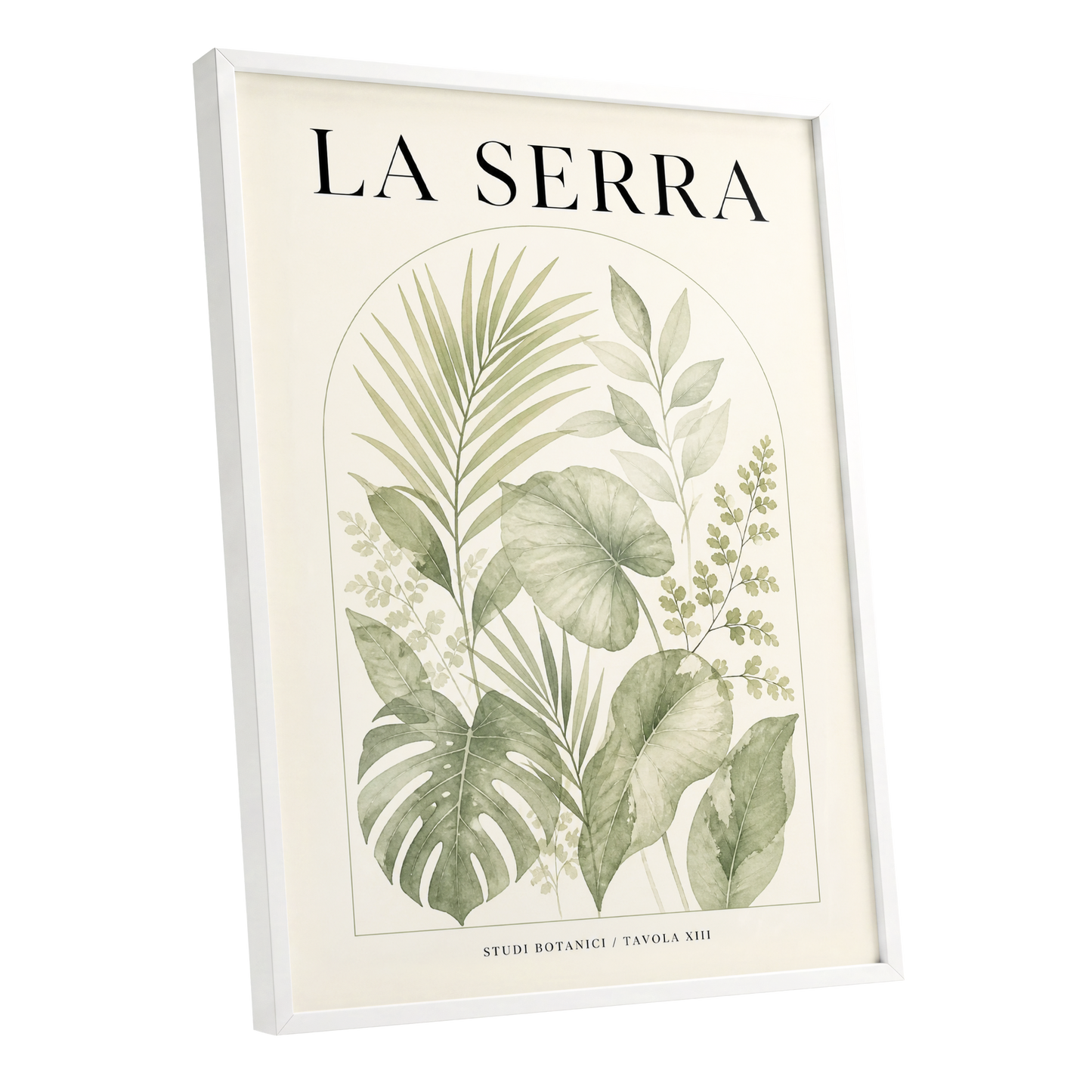 La Serra Canopy, green, beige, black nature wall art shown as a white framed poster wall art print