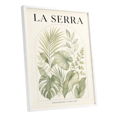 La Serra Canopy, green, beige, black nature wall art shown as a white framed poster wall art print