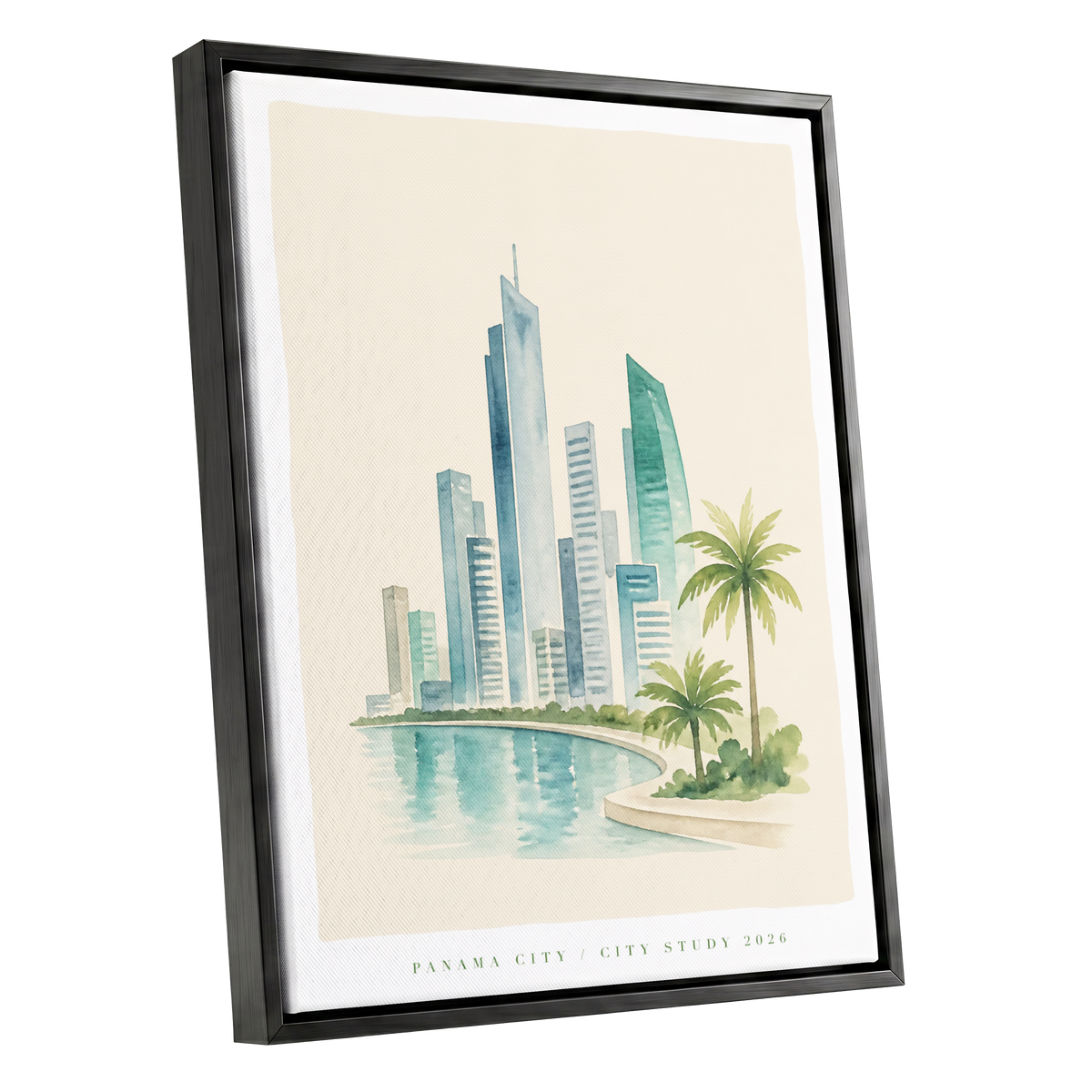 Lagoon Skyline, blue, green, beige minimalist wall art shown as a black framed canvas wall art