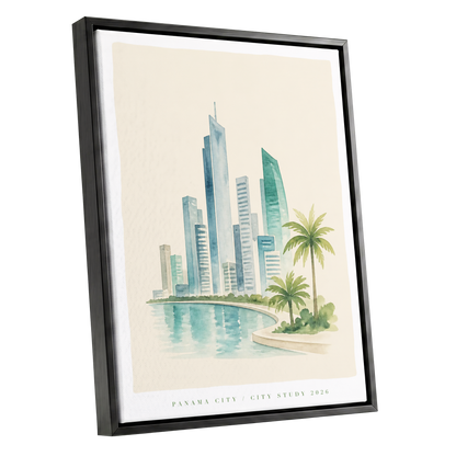Lagoon Skyline, blue, green, beige minimalist wall art shown as a black framed canvas wall art