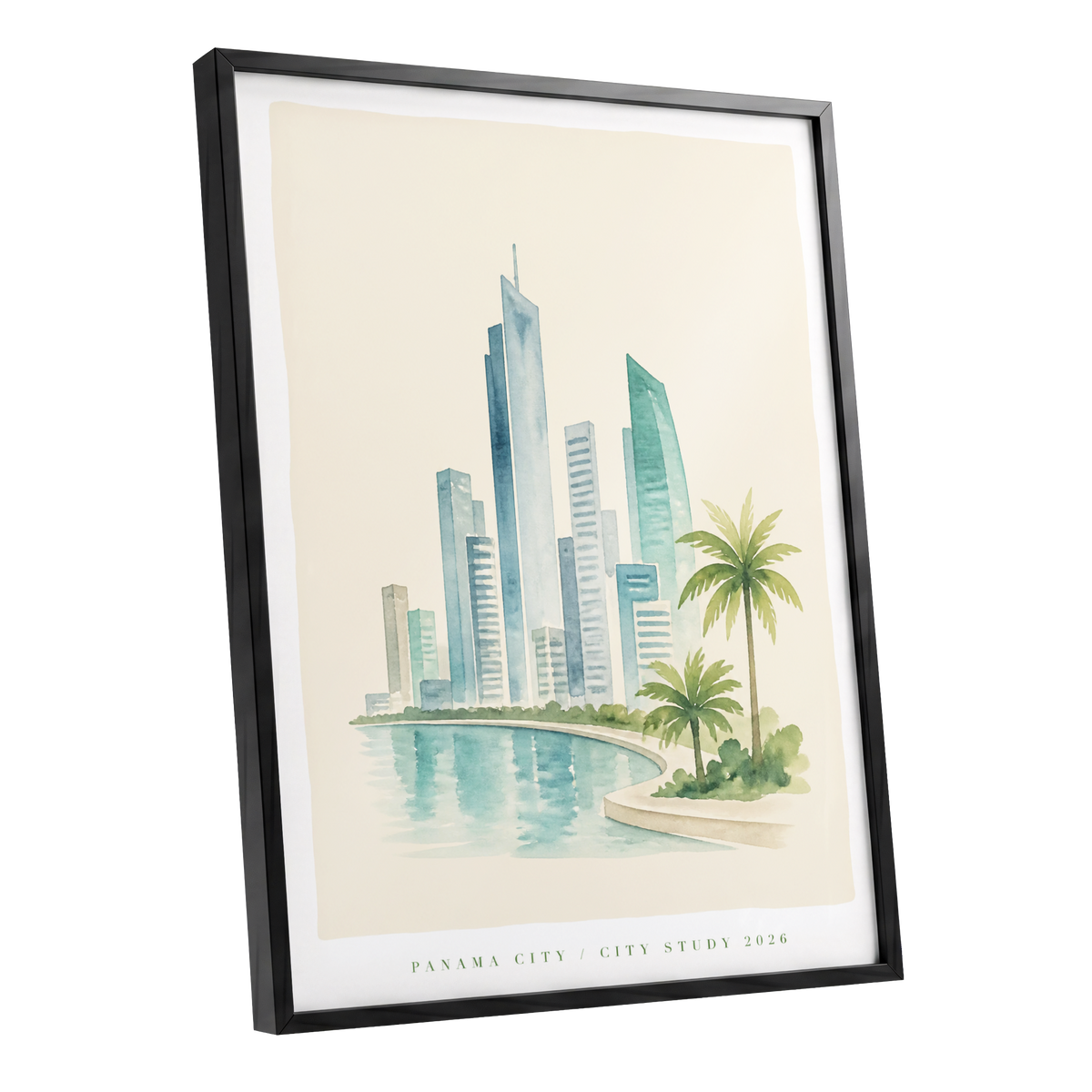 Lagoon Skyline, blue, green, beige minimalist wall art shown as a black framed poster wall art print