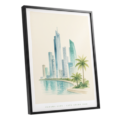 Lagoon Skyline, blue, green, beige minimalist wall art shown as a black framed poster wall art print
