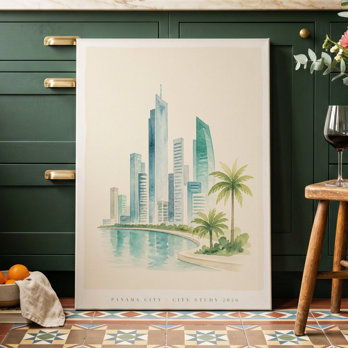 Lagoon Skyline, blue, green, beige minimalist wall art on canvas displayed in a styled interior, gallery view 1