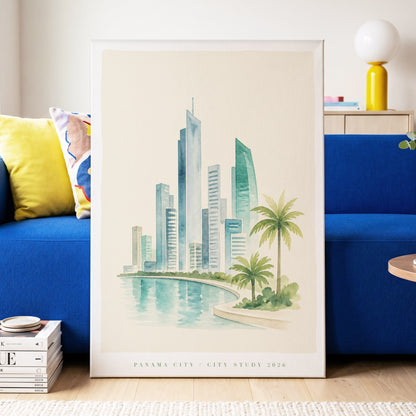 Lagoon Skyline, blue, green, beige minimalist wall art on canvas displayed in a styled interior, gallery view 2