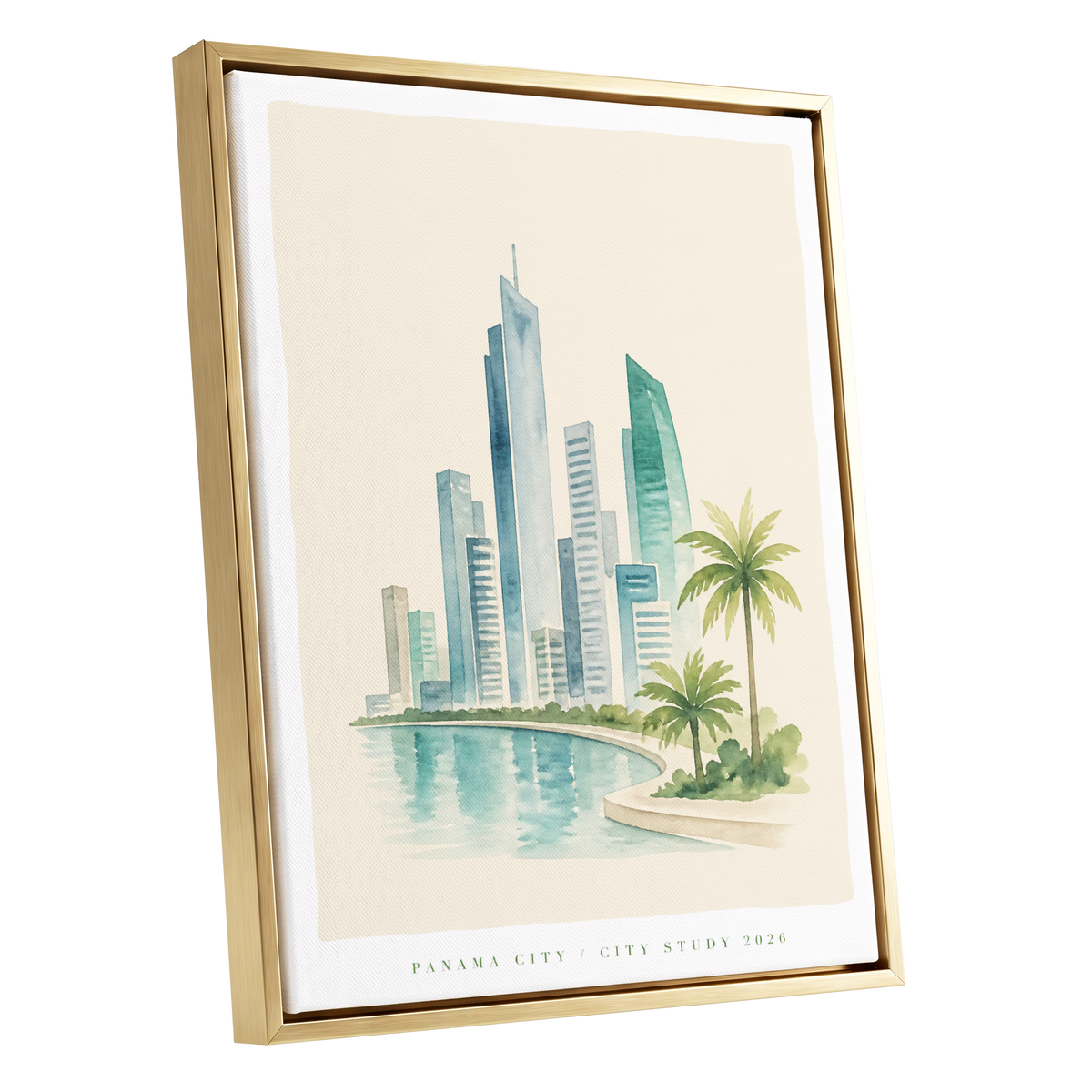 Lagoon Skyline, blue, green, beige minimalist wall art shown as a gold framed canvas wall art