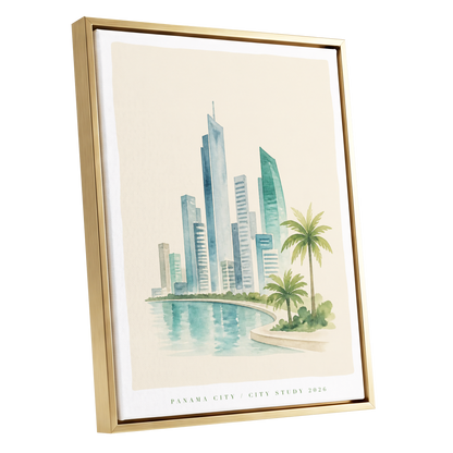 Lagoon Skyline, blue, green, beige minimalist wall art shown as a gold framed canvas wall art