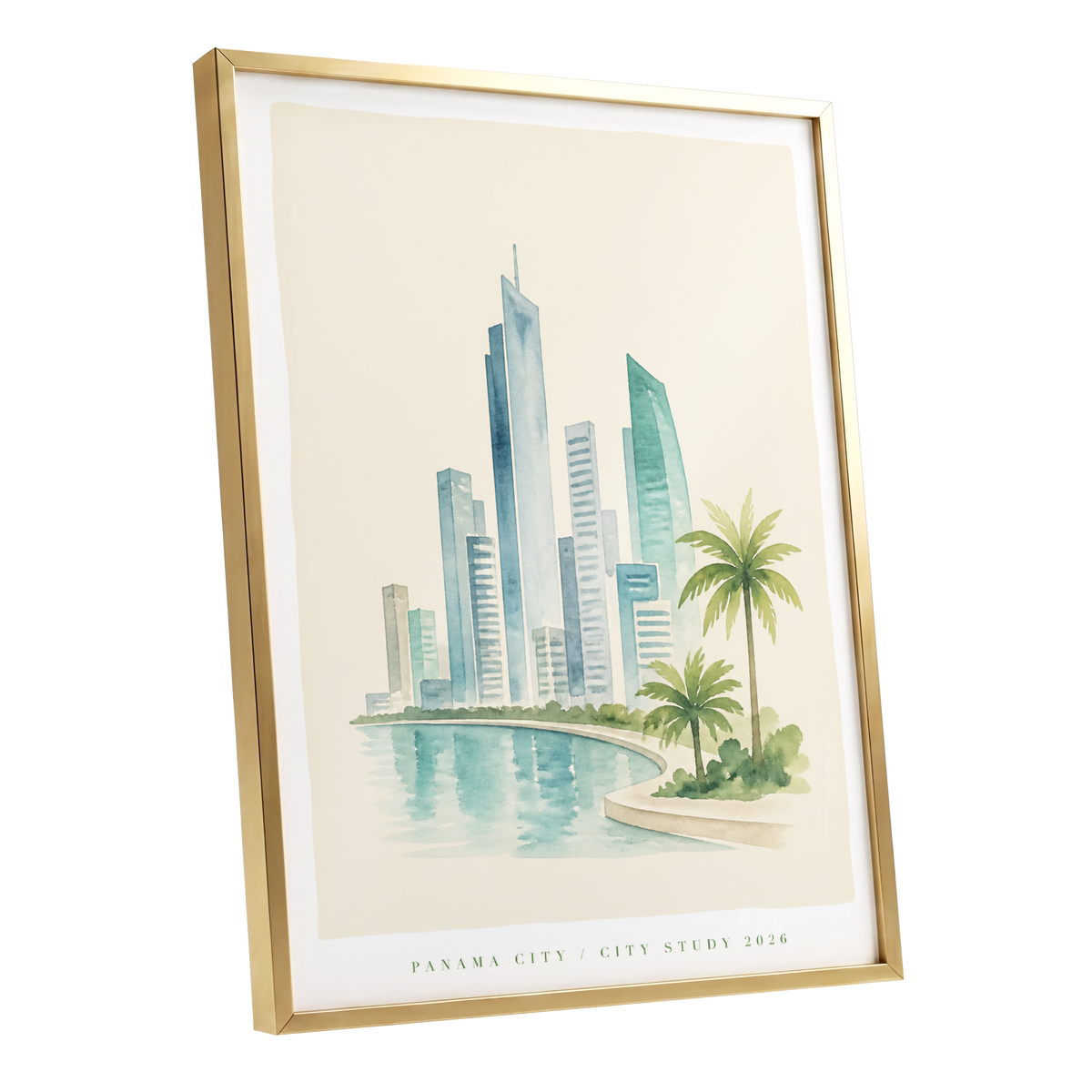 Lagoon Skyline, blue, green, beige minimalist wall art shown as a gold framed poster wall art print