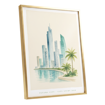 Lagoon Skyline, blue, green, beige minimalist wall art shown as a gold framed poster wall art print