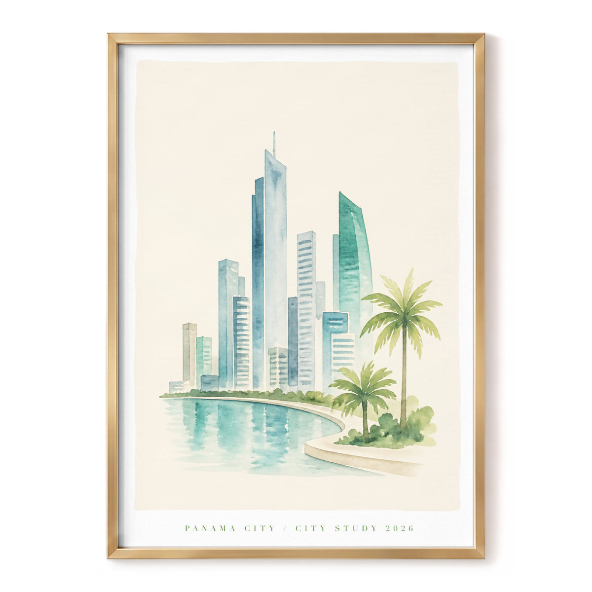 Lagoon Skyline, blue, green, beige minimalist wall art, front artwork view