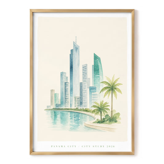 Lagoon Skyline, blue, green, beige minimalist wall art, front artwork view