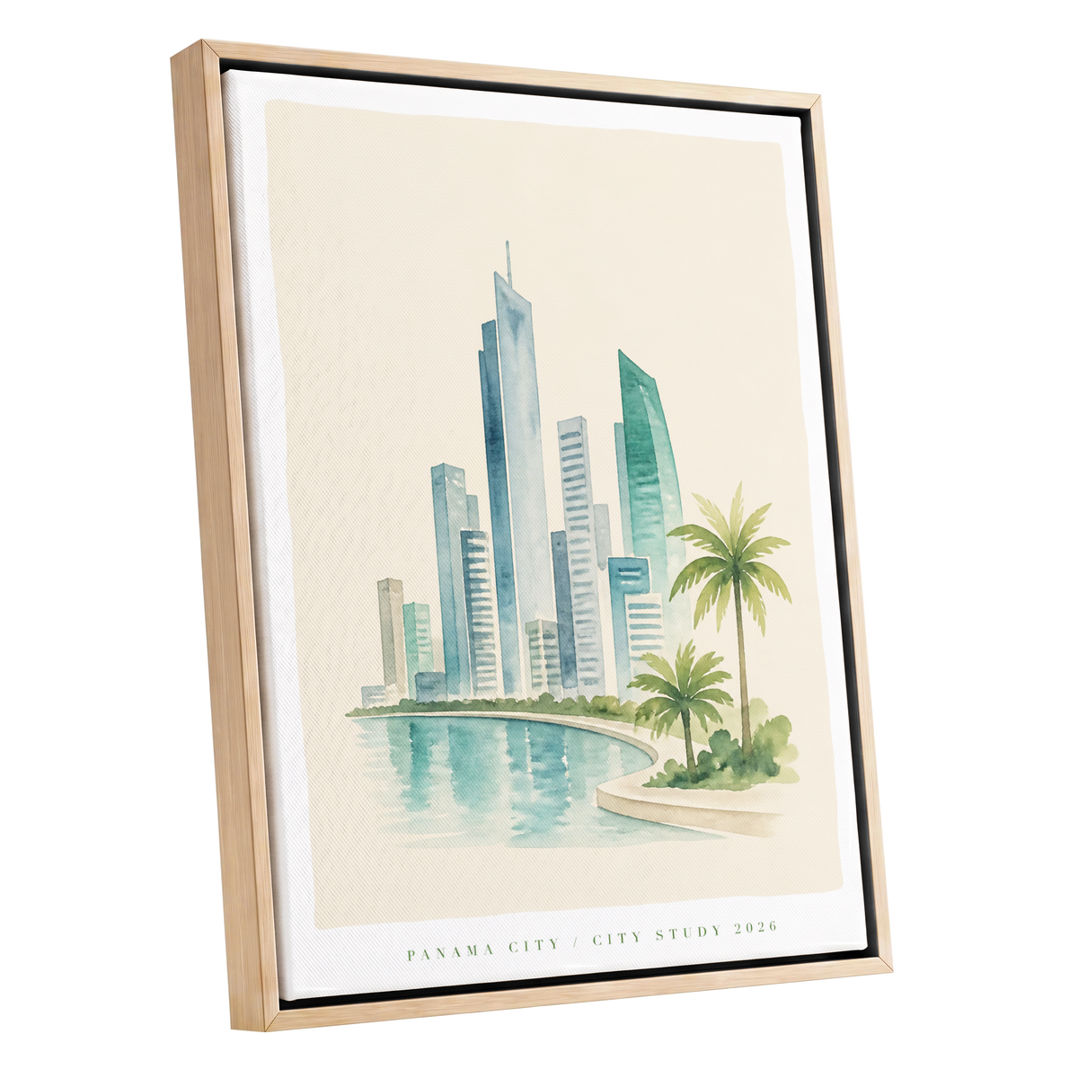 Lagoon Skyline, blue, green, beige minimalist wall art shown as a oak framed canvas wall art