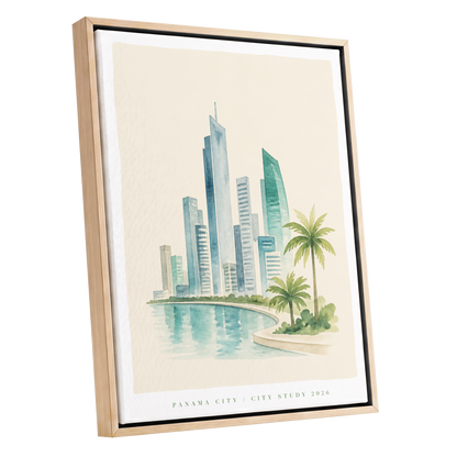 Lagoon Skyline, blue, green, beige minimalist wall art shown as a oak framed canvas wall art