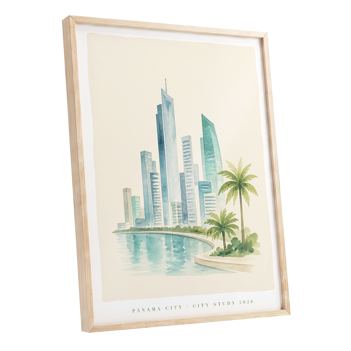 Lagoon Skyline, blue, green, beige minimalist wall art shown as a oak framed poster wall art print