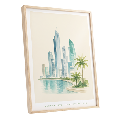Lagoon Skyline, blue, green, beige minimalist wall art shown as a oak framed poster wall art print