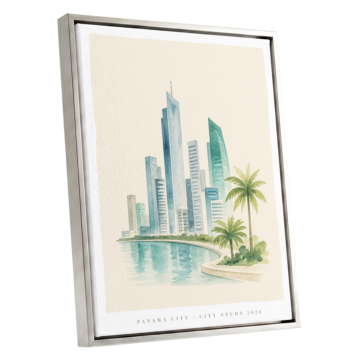 Lagoon Skyline, blue, green, beige minimalist wall art shown as a silver framed canvas wall art