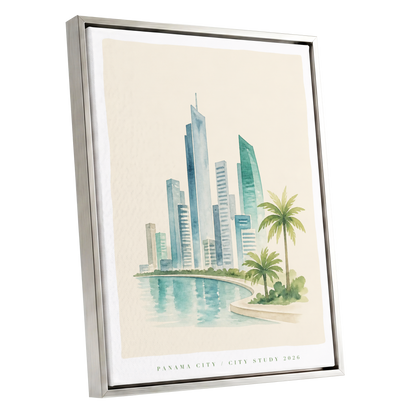 Lagoon Skyline, blue, green, beige minimalist wall art shown as a silver framed canvas wall art