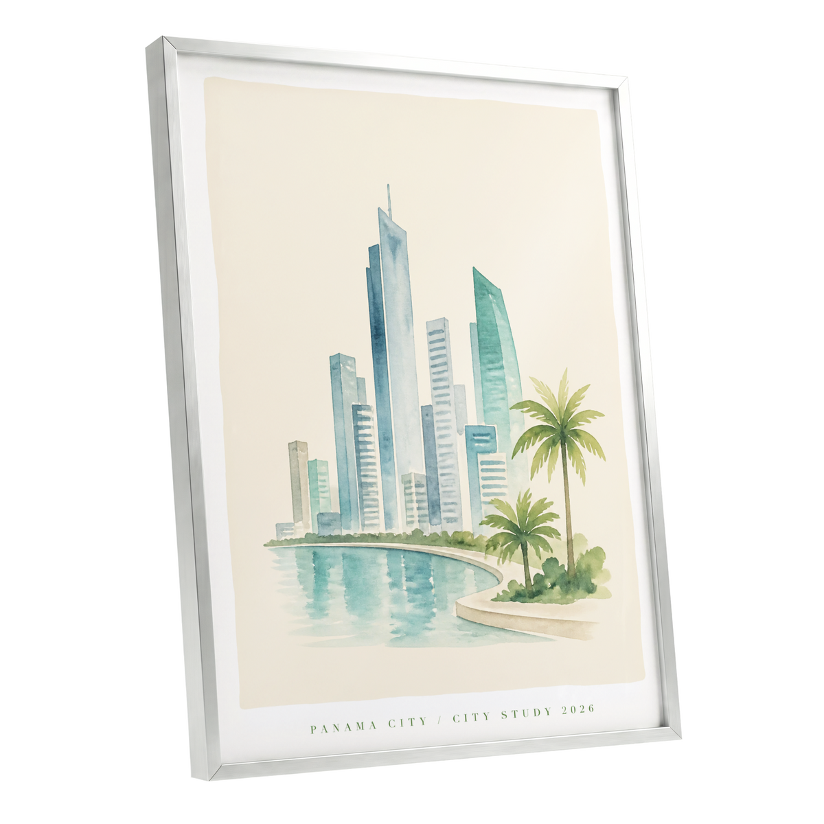 Lagoon Skyline, blue, green, beige minimalist wall art shown as a silver framed poster wall art print