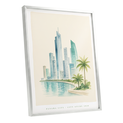 Lagoon Skyline, blue, green, beige minimalist wall art shown as a silver framed poster wall art print