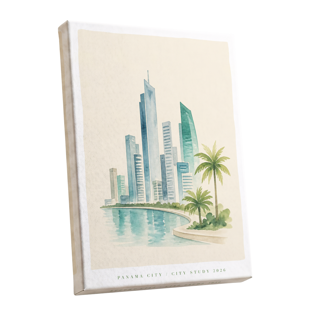 Lagoon Skyline, blue, green, beige minimalist wall art shown as a stretched canvas wall art
