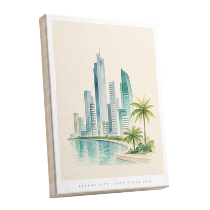 Lagoon Skyline, blue, green, beige minimalist wall art shown as a stretched canvas wall art