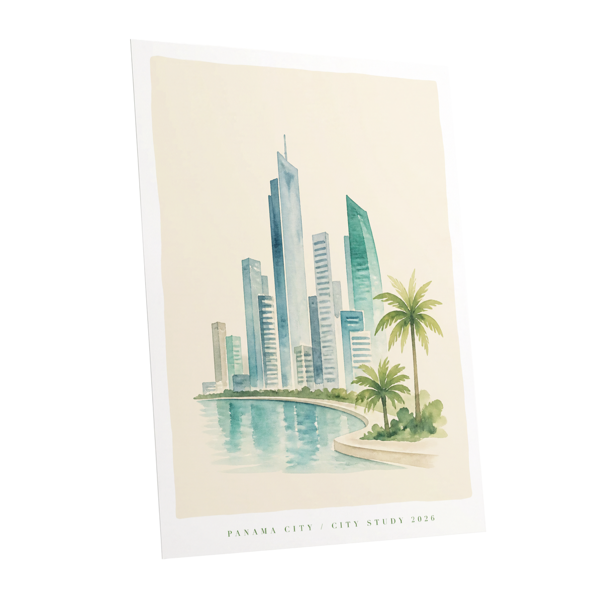 Lagoon Skyline, blue, green, beige minimalist wall art shown as a unframed poster wall art print