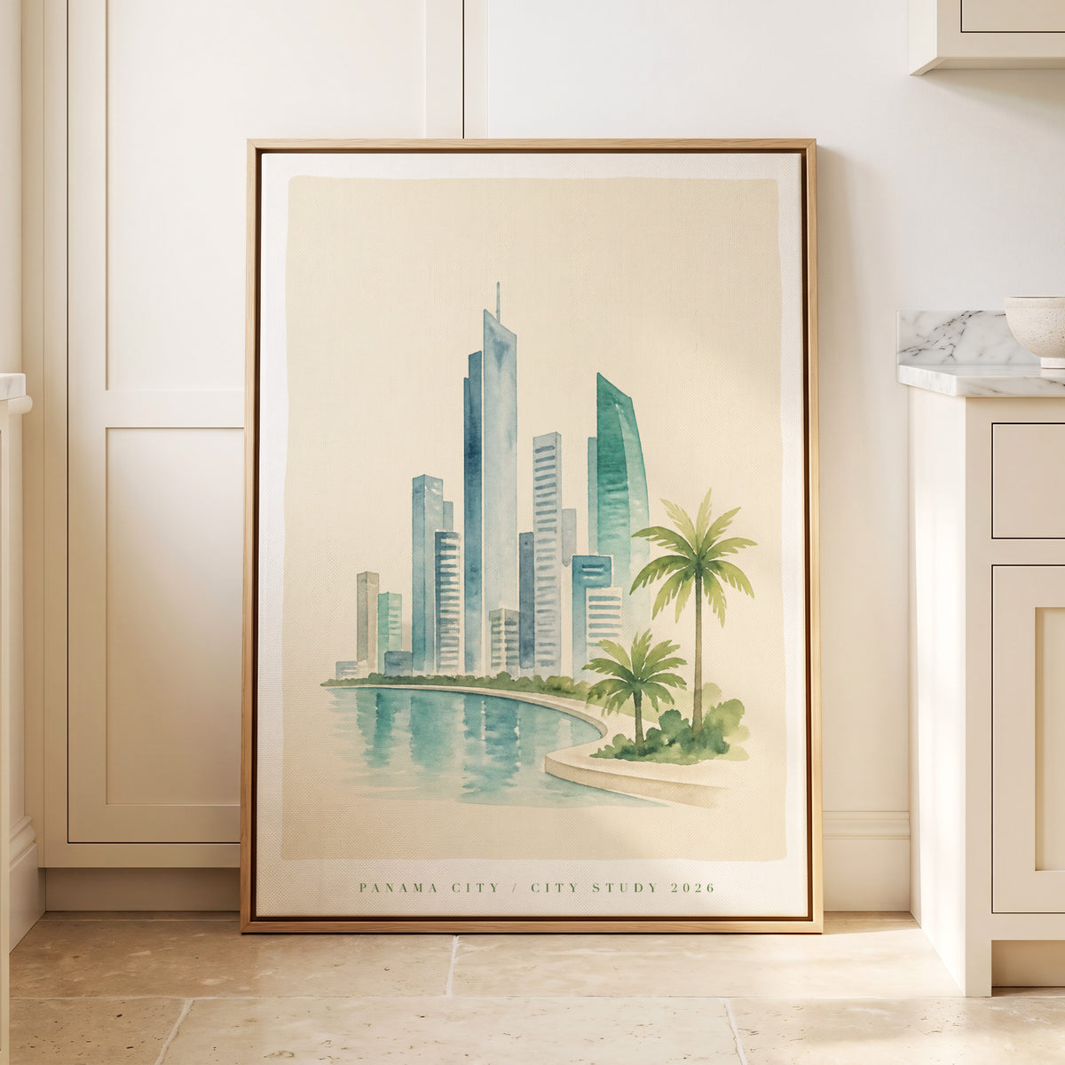 Lagoon Skyline, blue, green, beige minimalist wall art displayed in a styled interior, gallery view 1