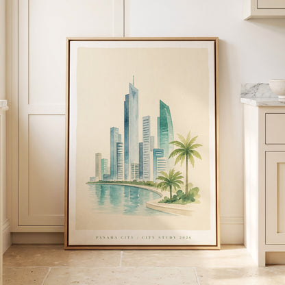 Lagoon Skyline, blue, green, beige minimalist wall art displayed in a styled interior, gallery view 1