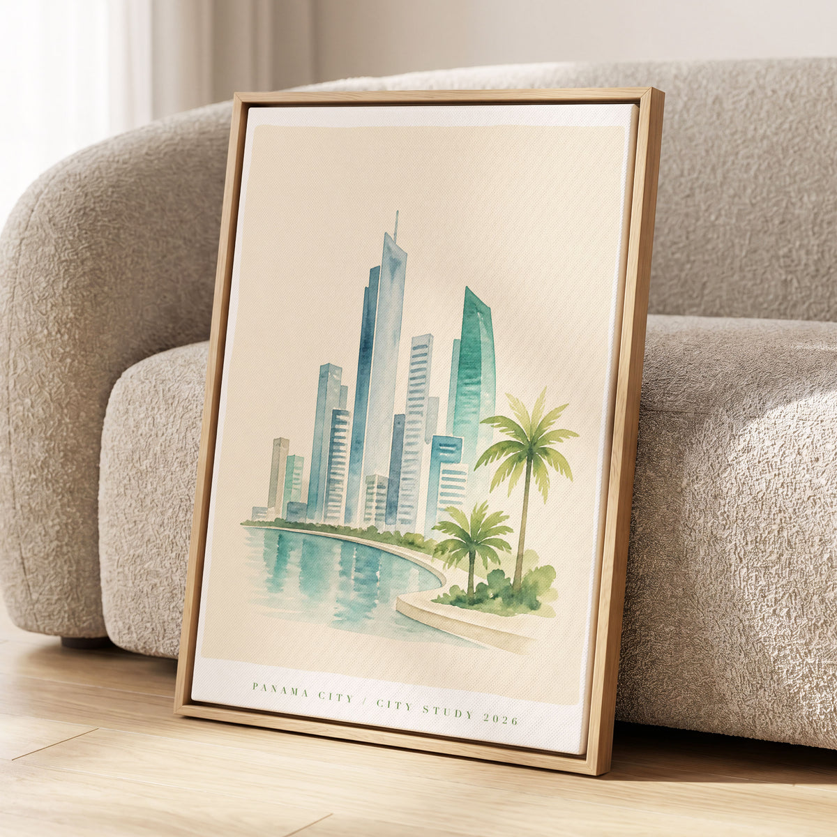 Lagoon Skyline, blue, green, beige minimalist wall art displayed in a styled interior, gallery view 2