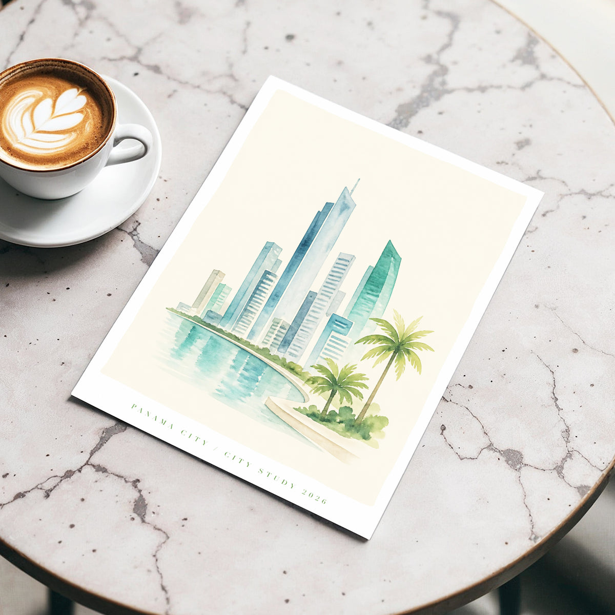 Lagoon Skyline, blue, green, beige minimalist wall art displayed in a styled interior, gallery view 3
