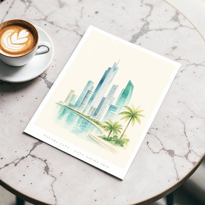 Lagoon Skyline, blue, green, beige minimalist wall art displayed in a styled interior, gallery view 3