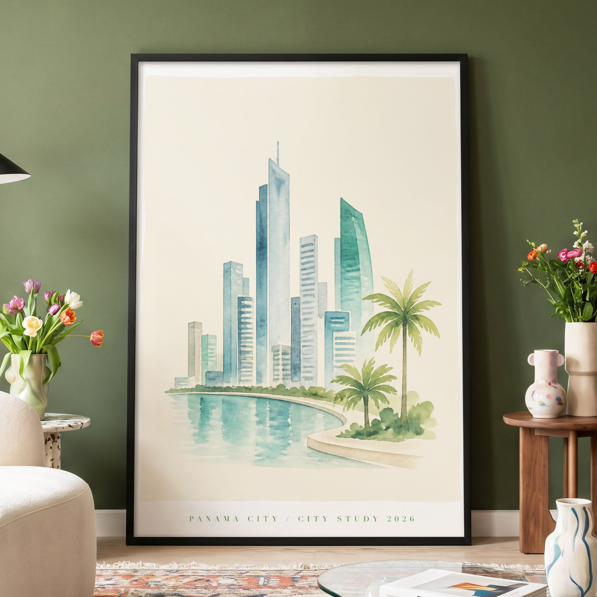 Lagoon Skyline, blue, green, beige minimalist wall art displayed in a styled interior, gallery view 4