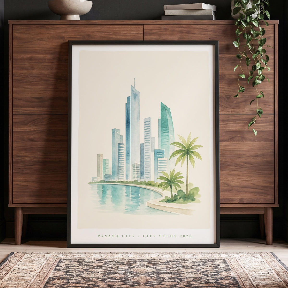 Lagoon Skyline, blue, green, beige minimalist wall art displayed in a styled interior, gallery view 5