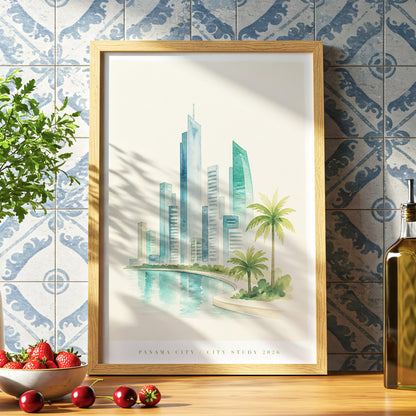 Lagoon Skyline, blue, green, beige minimalist wall art displayed in a styled interior, gallery view 6